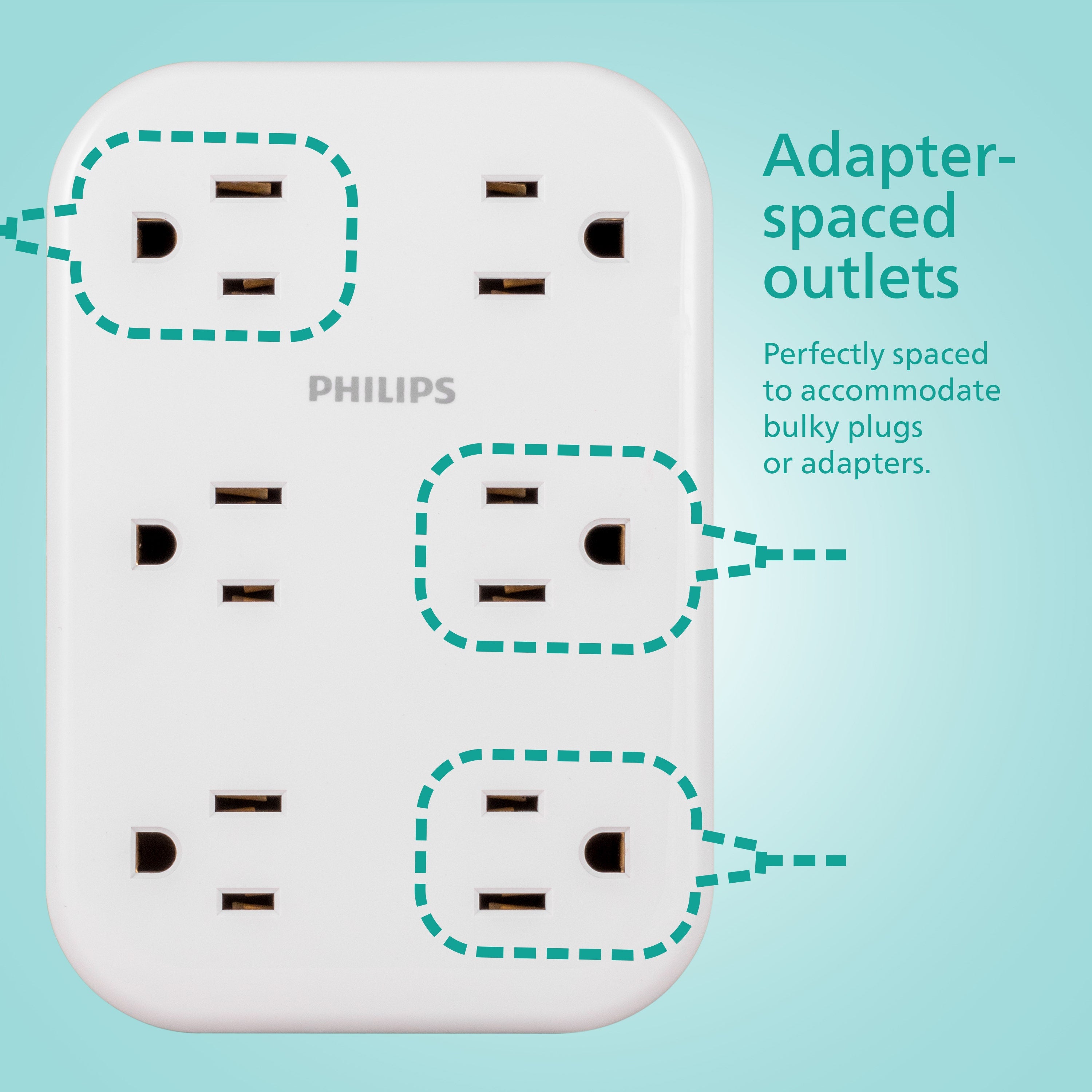 Philips 6-Outlet Wall Tap with Surge Protection and Adapter Spaced Outlets, White