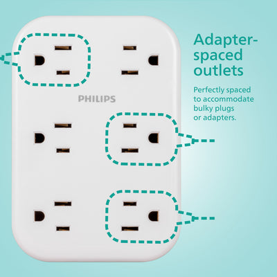 Philips 6-Outlet Wall Tap with Surge Protection and Adapter Spaced Outlets, White