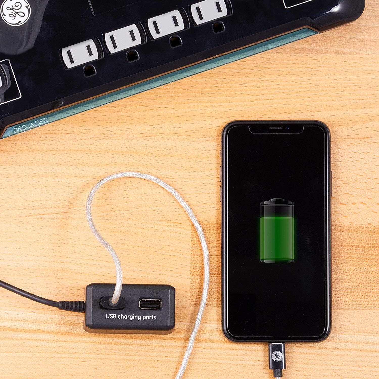 GE 12-Outlet 8ft. Surge Protector with 2-USB Tether, Black