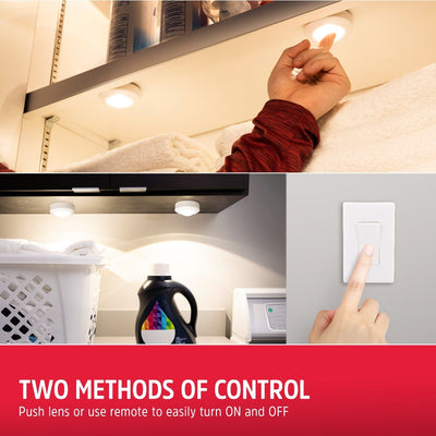 Energizer Battery Operated LED Puck Light with Wall Switch Remote, 2 Pack, White