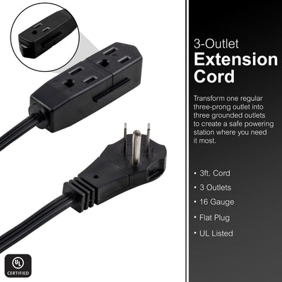 GE 3-Outlet 3ft. Extension Cord with Right-Angle Plug, Black