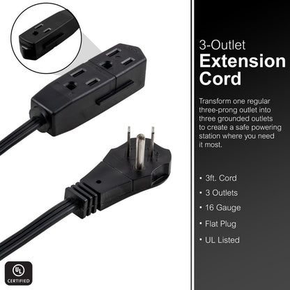 GE 3-Outlet 3ft. Extension Cord with Right Angle-Plug, 2 Pack, Black