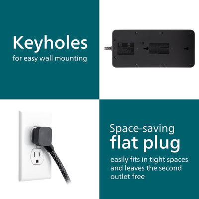 Philips 12-Outlet 6ft. Surge Protector with Adapter-Spaced Outlets, Black