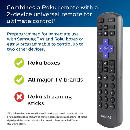 Philips Roku Replacement 2-Device Universal Remote, Black