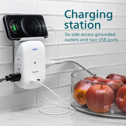 Philips Outlet 2-USB Wall Tap With Surge Protection And Device Shelf, White