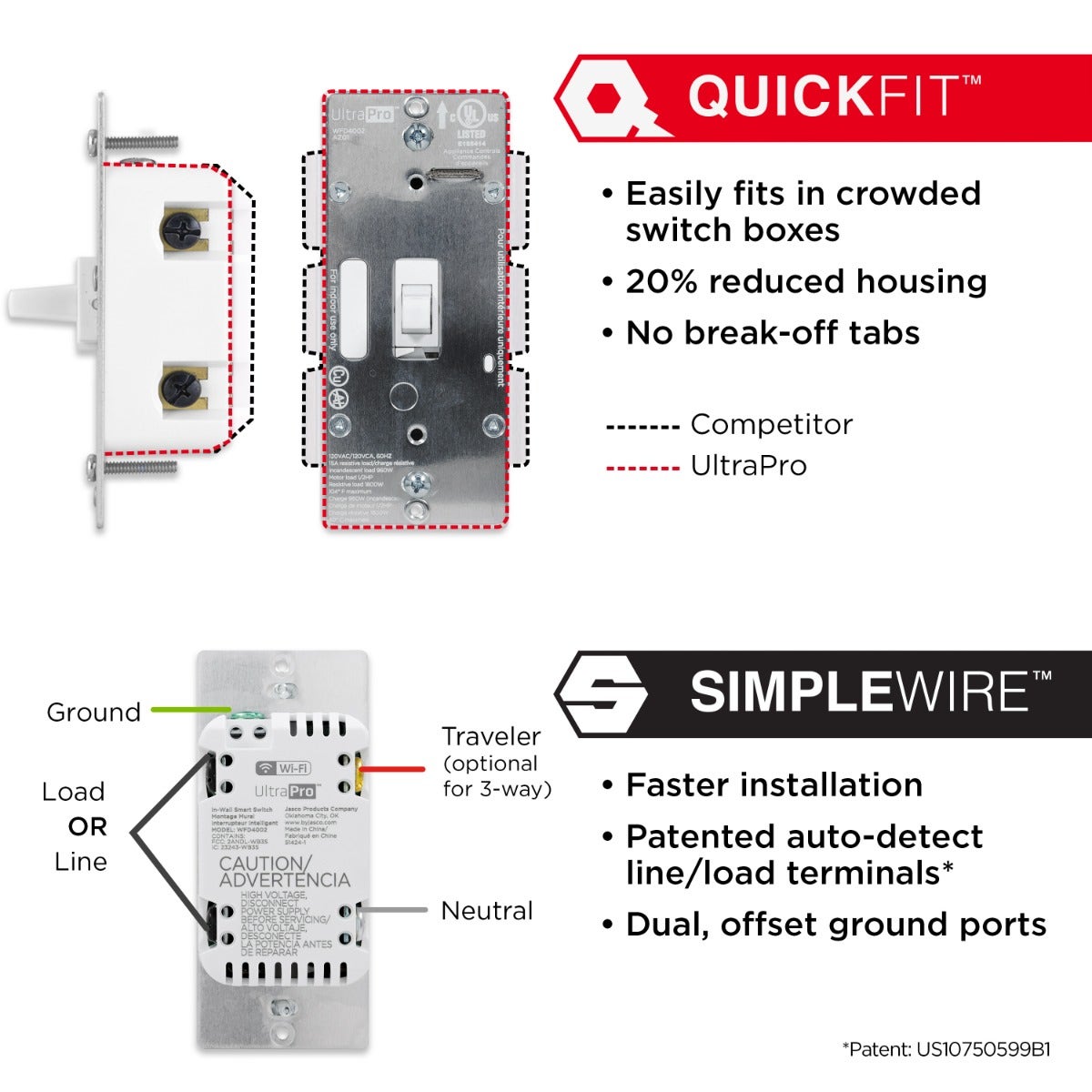 UltraPro WiFi In-Wall Smart Toggle Switch With QuickFit™ And SimpleWire™, 4 Pack, White