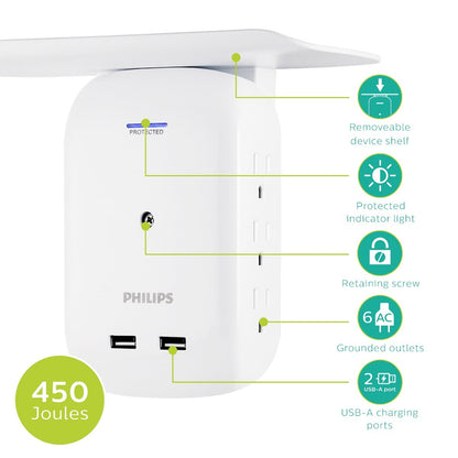 Philips 6-Outlet 2-USB Wall Tap with Surge Protection and Device Shelf, White