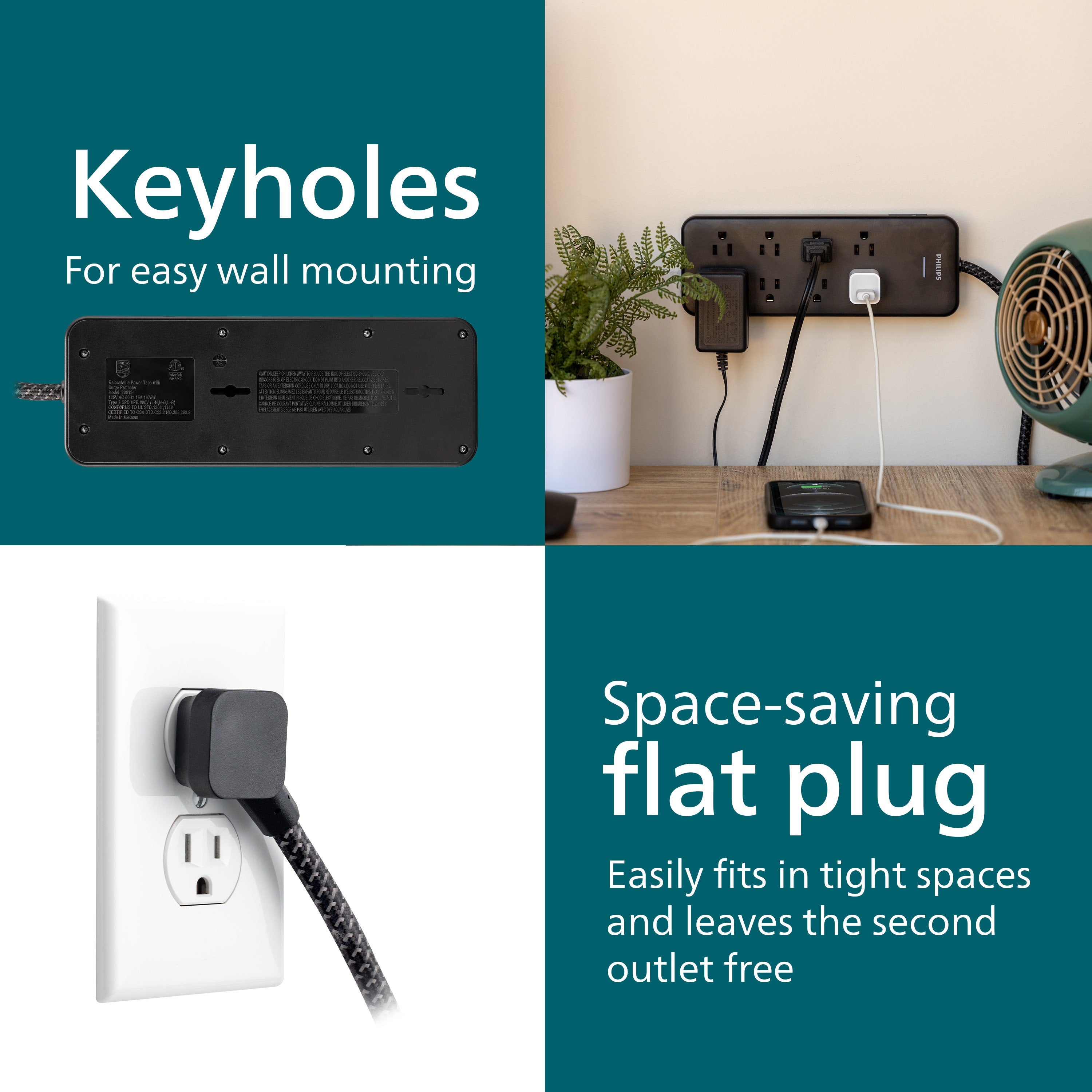 Philips 8-Outlet 8ft. Surge Protector with Adapter-Spaced Outlets, Black