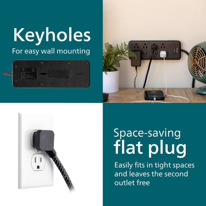 Philips 8-Outlet 8ft. Surge Protector with Adapter-Spaced Outlets, Black