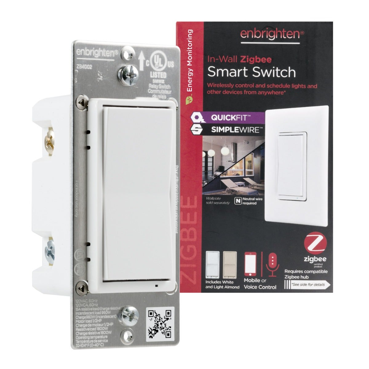 Enbrighten Zigbee In-Wall Smart Switch with QuickFit™ and SimpleWire™ and Energy Monitoring, White/Almond