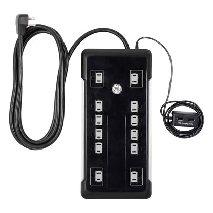 GE 12-Outlet 8ft. Surge Protector with 2-USB Tether, Black