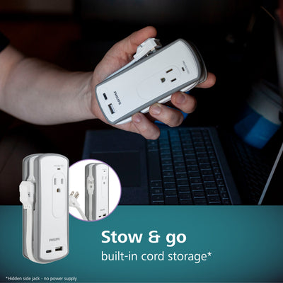Philips 2-Outlet 2-USB Travel Charging Station with Surge Protection, White/Gray