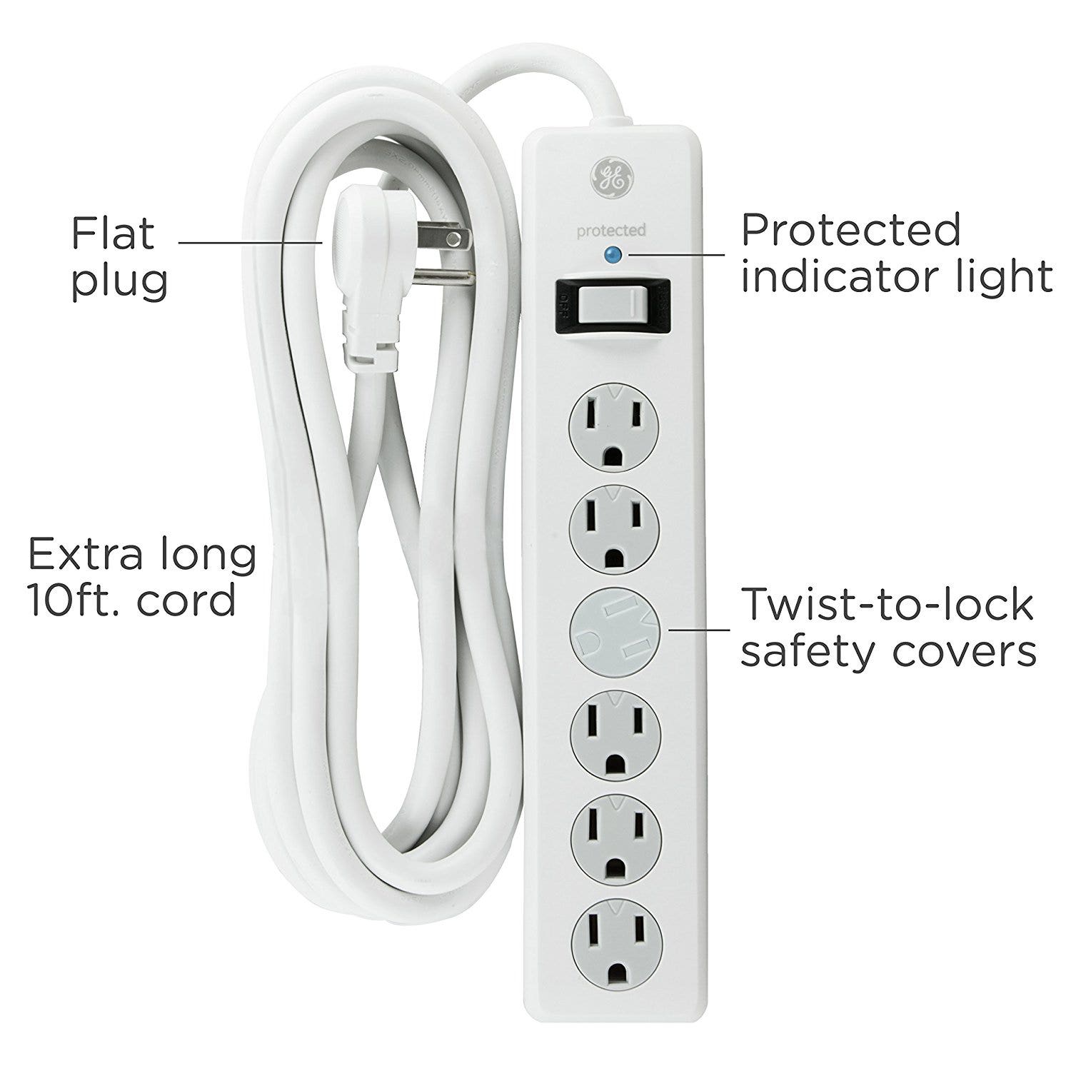 GE 6-Outlet 10ft. Surge Protector With Twist-To-Close Safety Covers, White