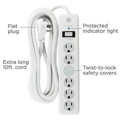GE 6-Outlet 10ft. Surge Protector With Twist-To-Close Safety Covers, White