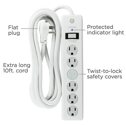 GE 6-Outlet 10ft. Surge Protector With Twist-To-Close Safety Covers, White