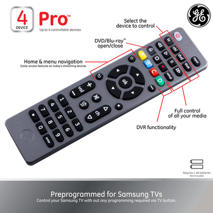 GE 4-Device Universal Remote, Brushed Graphite