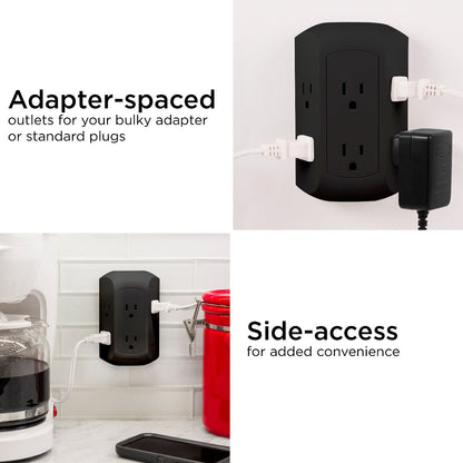 GE UltraPro 6-Outlet Wall Tap with Surge Protection, 2 Pack, Black