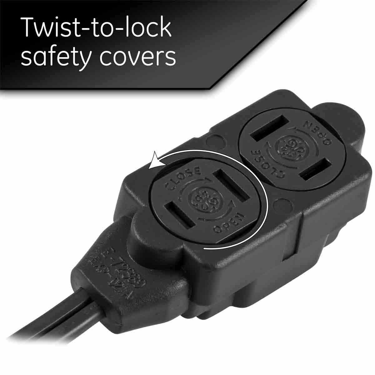 GE 3-Outlet 15ft. Extension Cord with Twist-to-Close Outlets, Black