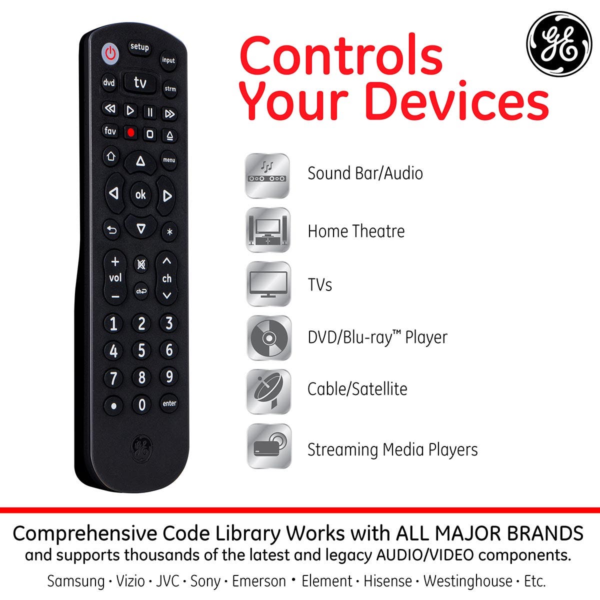 GE 3-Device Universal Remote, Black