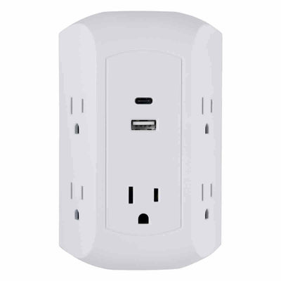GE 5-Outlet 2-USB Wall Tap with Surge Protection and USB-C, White