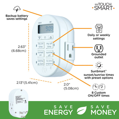 myTouchSmart Indoor Plug-In SunSmart Digital Timer, White