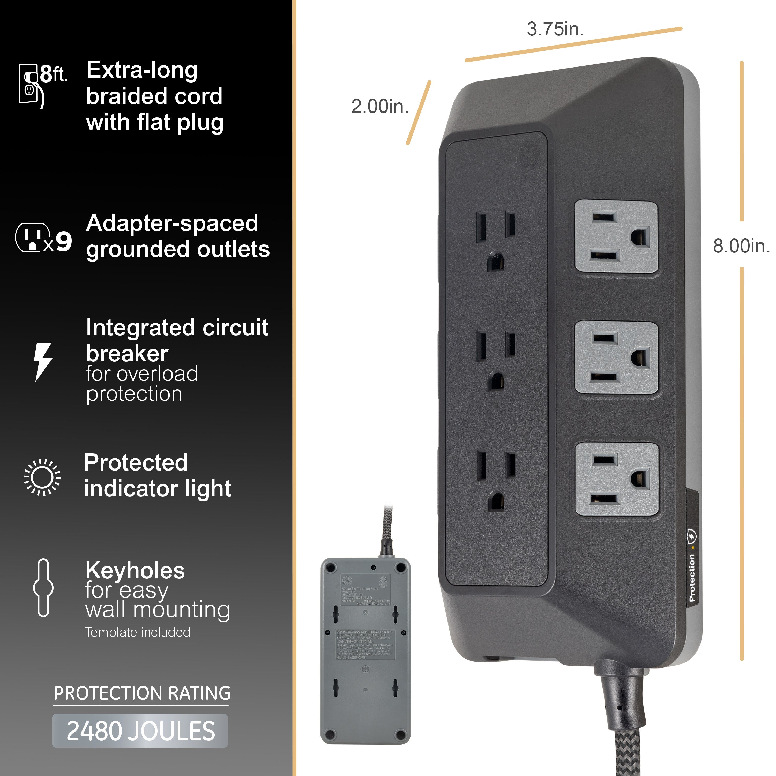 GE 9-Outlet 8ft. Surge Protector with Adapter-Spaced Outlets, Black