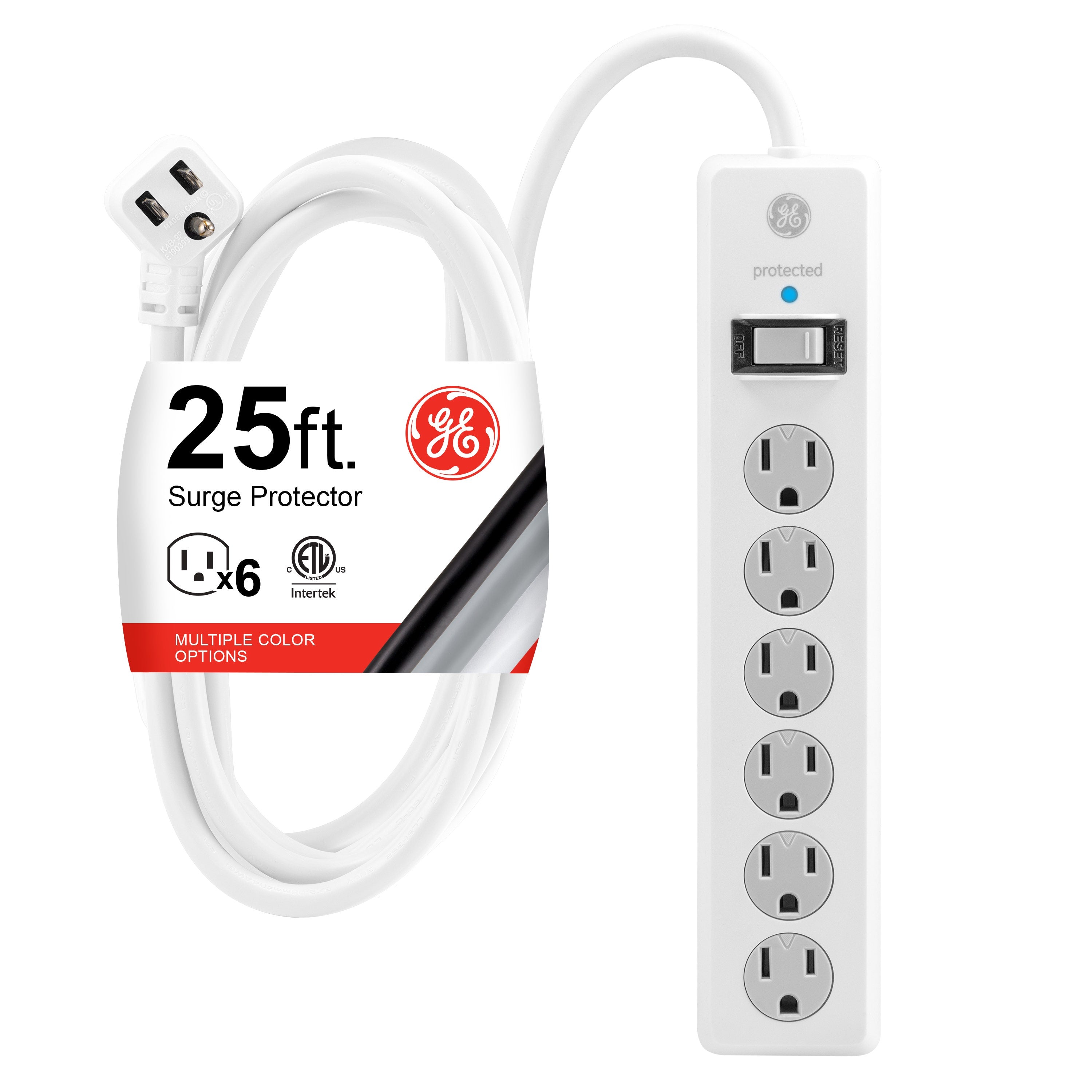 GE 6-Outlet 25ft. Surge Protector with Twist-to-Close Safety Outlet Covers, White