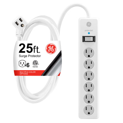 GE 6-Outlet 25ft. Surge Protector with Twist-to-Close Safety Outlet Covers, White