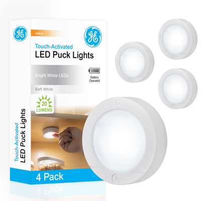GE Battery Operated LED Puck Light, 4 Pack, White