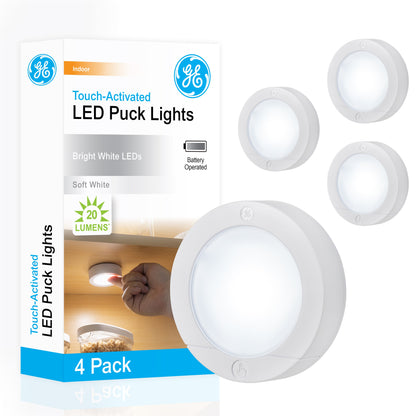 GE Battery Operated LED Puck Light, 4 Pack, White