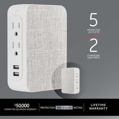 GE 5-Outlet 2-USB Fabric Surge Protector, Gray