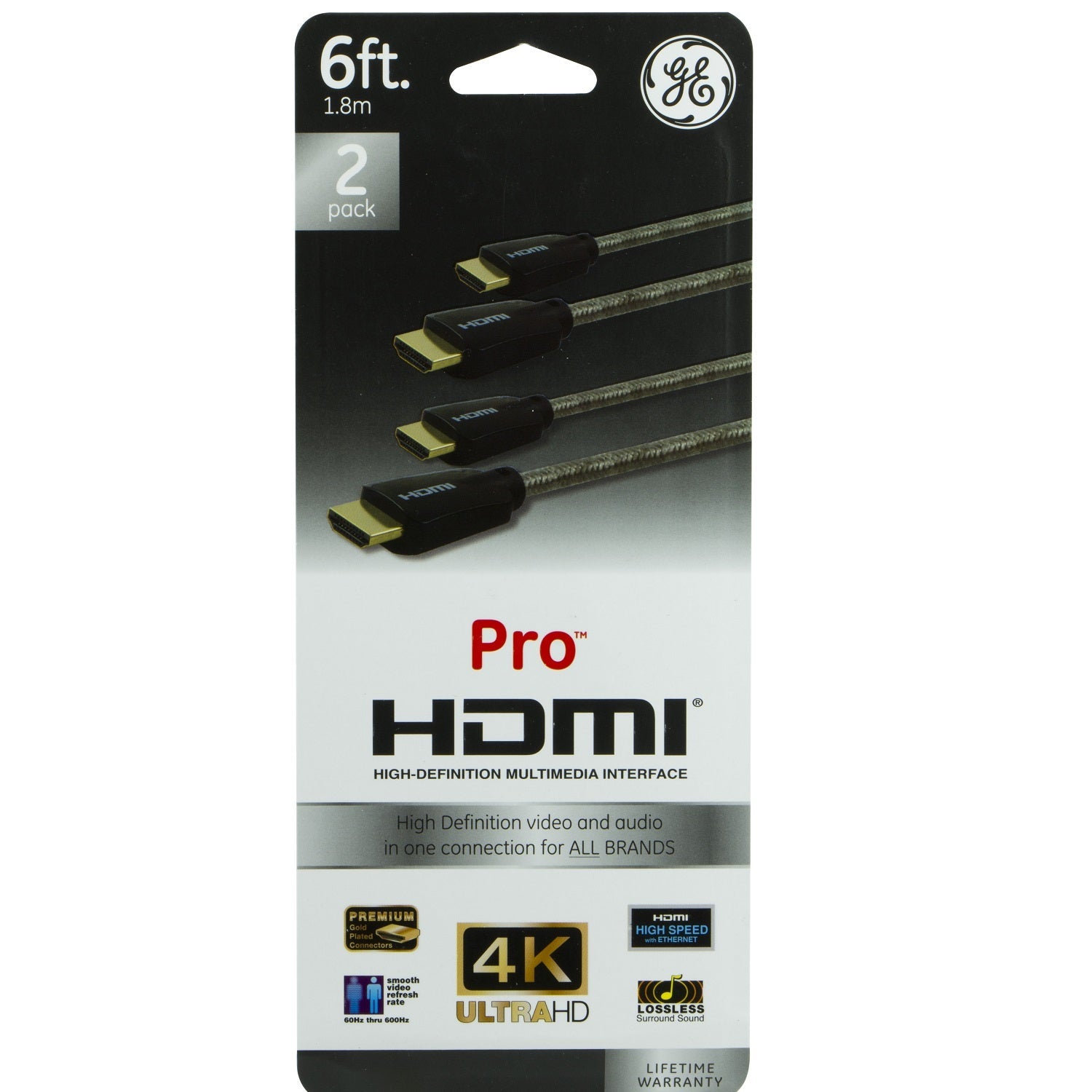 GE Pro Premium 6 ft. HDMI Cable with Ethernet, Silver, 2 Pack