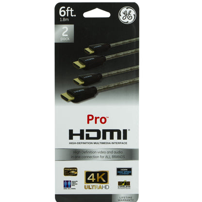 GE Pro Premium 6 ft. HDMI Cable with Ethernet, Silver, 2 Pack