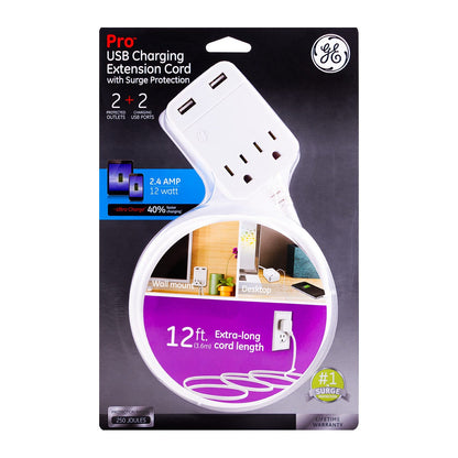GE 2-Outlet 2-USB 12ft. Extension Cord with Surge Protection, White