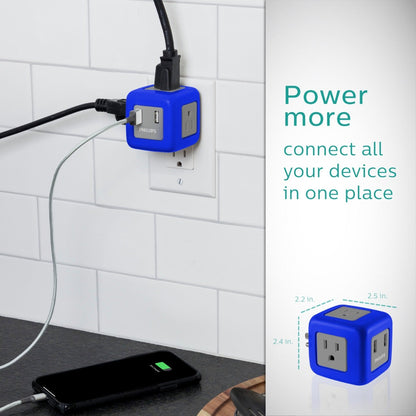 Philips 3-Outlet 2-USB Wall Tap with Surge Protection, Blue/Gray