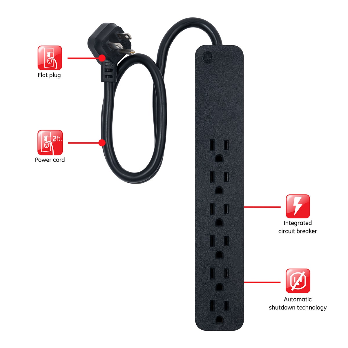 GE Pro 6-Outlet 2ft. Surge Protector, Black
