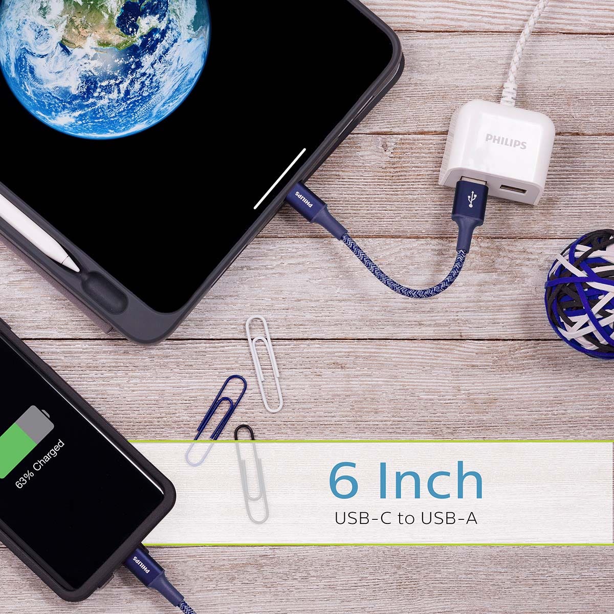Philips 6in. USB-A to USB-C Braided Charging Cable, Blue