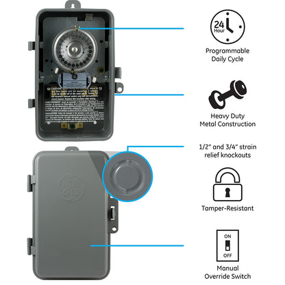 GE Indoor/Outdoor 24-Hour Heavy Duty Mechanical Time Switch, 120 VAC, Gray
