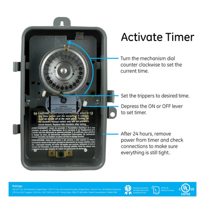 GE Indoor/Outdoor 24-Hour Heavy Duty Mechanical Time Switch, 240 VAC, Gray