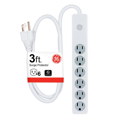 GE 6-Outlet 3ft. Surge Protector with Twist-to-Close Safety Covers, White
