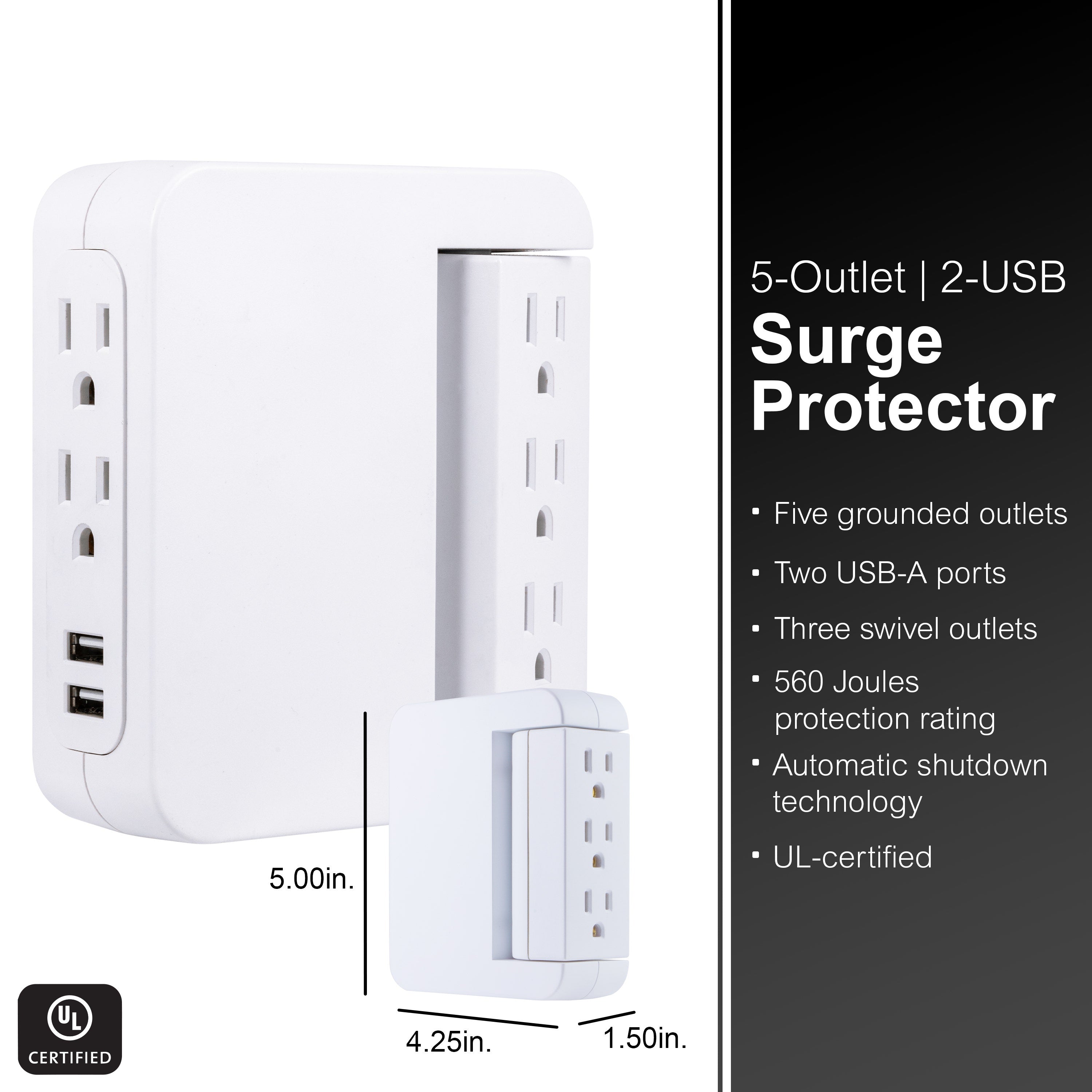 GE 5-Outlet 2-USB Wall Tap with Surge Protection and Swivel Outlets, White