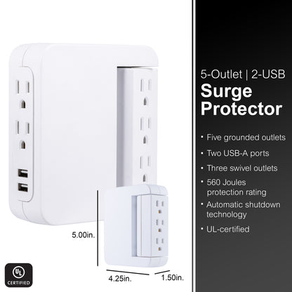 GE 5-Outlet 2-USB Wall Tap with Surge Protection and Swivel Outlets, White