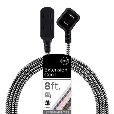 Cordinate 3-Outlet 8ft. Braided Extension Cord with Flat Plug, Black/White