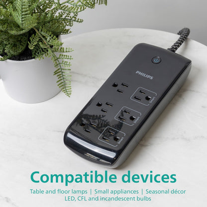 Philips 6-Outlet 8ft. WiFi Braided Extension Cord with Surge Protection, Black