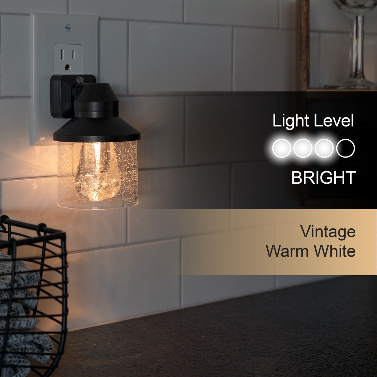 GE Vintage Light Sensing LED Night Light with Shade, Black