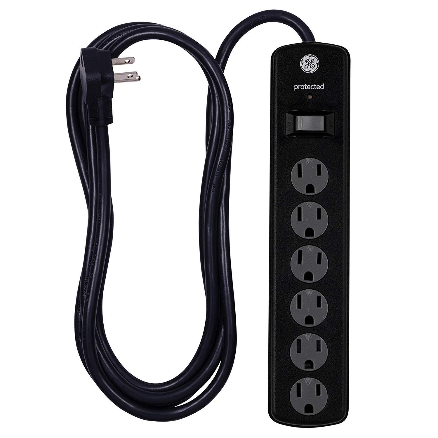 GE 6-Outlet 8ft. Surge Protector with Twist-to-Close Safety Covers, Black