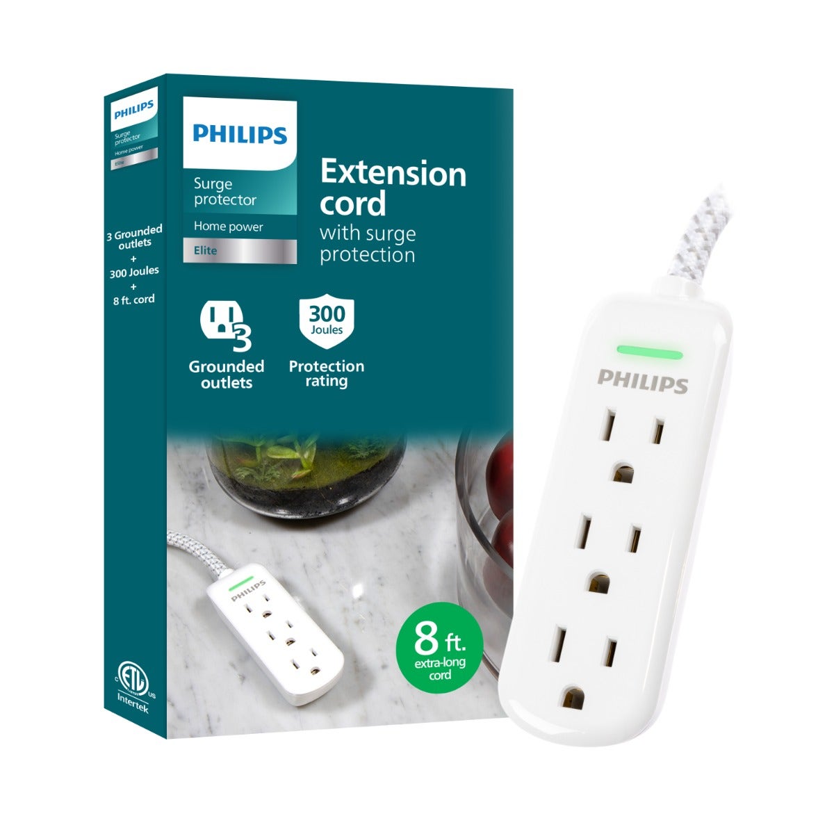 Philips 3-Outlet 8ft. Extension Cord with Surge Protection, White