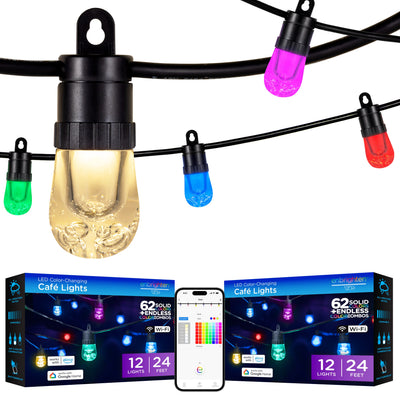 Enbrighten Ecoscapes WiFi VIBE Color-Changing LED Cafe Lights, 12 Bulbs, 24ft. Black Cord, 2 pack