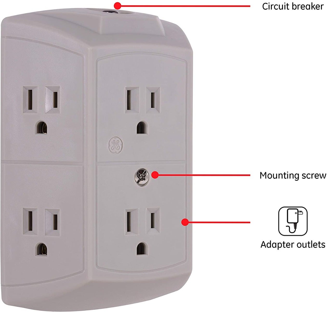 GE 6-Outlet Wall Tap with Resettable Circuit Breaker, 2 Pack, Gray
