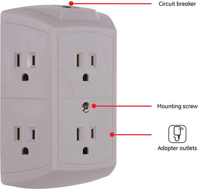 GE 6-Outlet Wall Tap with Resettable Circuit Breaker, 2 Pack, Gray